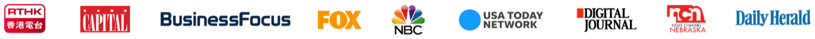 媒體報導標誌:香港電台 RTHK、資本雜誌 CAPITAL、Business Focus、FOX、NBC、USA Today Network、Digital Journal、News Channel Nebraska、Daily Herald